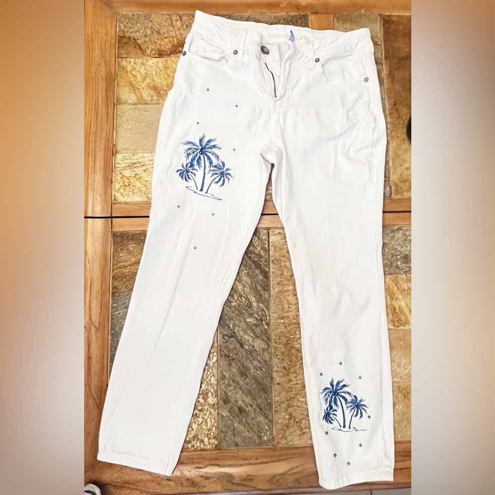 HYDRAULIC 'Nolita' Skinny Ankle White Jeans With Blue Palm Trees & Pearls Sz 8